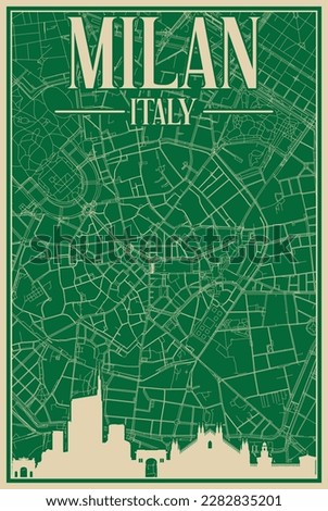 Colorful hand-drawn framed poster of the downtown MILAN, ITALY with highlighted vintage city skyline and lettering