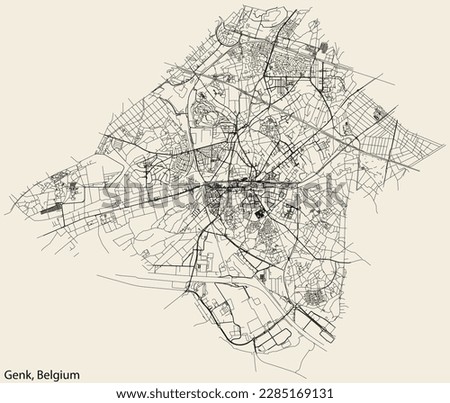 Detailed hand-drawn navigational urban street roads map of the Belgian city of GENK, BELGIUM with solid road lines and name tag on vintage background