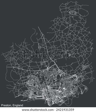 Detailed hand-drawn navigational urban street roads map of the United Kingdom city township of PRESTON, ENGLAND with vivid road lines and name tag on solid background