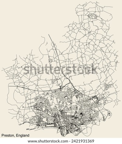 Detailed hand-drawn navigational urban street roads map of the United Kingdom city township of PRESTON, ENGLAND with vivid road lines and name tag on solid background