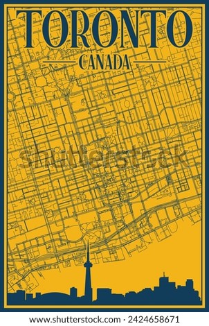 Yellow and blue hand-drawn framed poster of the downtown TORONTO, CANADA with highlighted vintage city skyline and lettering
