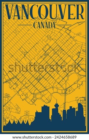 Yellow and blue hand-drawn framed poster of the downtown VANCOUVER, CANADA with highlighted vintage city skyline and lettering