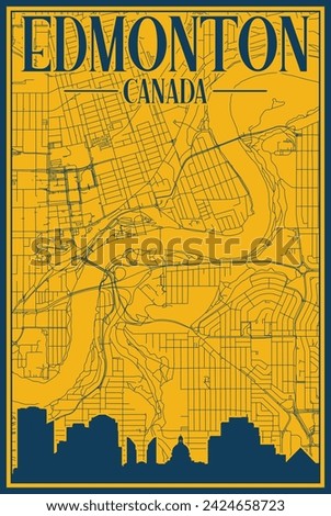 Yellow and blue hand-drawn framed poster of the downtown EDMONTON, CANADA with highlighted vintage city skyline and lettering