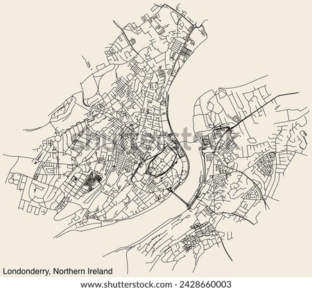 Detailed hand-drawn navigational urban street roads map of the United Kingdom city township of LONDONDERRY, NORTHERN IRELAND with vivid road lines and name tag on solid background