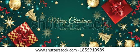 Christmas banner. Background Xmas objects viewed from above. BackgroundMerry Christmas and happy New Year