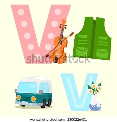Vv Van  Violin  Vest  Vase vector cartoon graphic 
