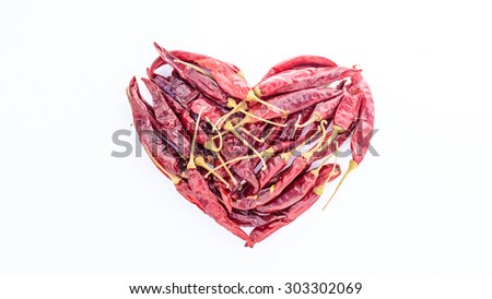dried chili and love and heart and soft light background and white background and be strong sunlight