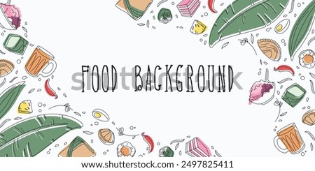 Background border pattern of Malaysia food, dessert, snack and sweet. Outline style doodle with colorful design . Vector illustration with white background.