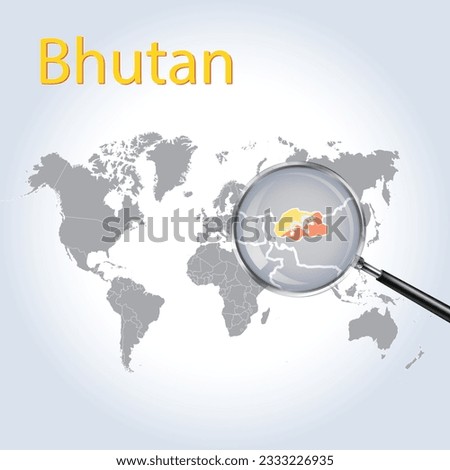 A Magnifying Glass on Bhutan of the World Map, Zoom Bhutan map with gradient background and Bhutan flag on map, Vector art