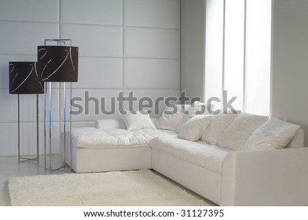 snowy interior with flor-lamp, sofa and carpet