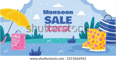 Monsoon Sale Poster. Monsoon Sale banner. Discount, Offers. monsoon season background. rainy day concept. rainy season. rainy background. rain. Umbrella. template, card, flyer. vector illustration.