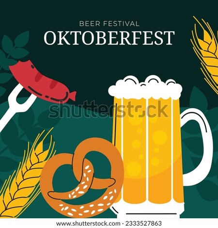 Oktoberfest Background. Oktoberfest beer festival celebration. Vector Illustration. Poster, Banner, Invitation, Card, Template. Oktoberfest Party, Event. Oktoberfest beer with pretzel, wheat and hops.