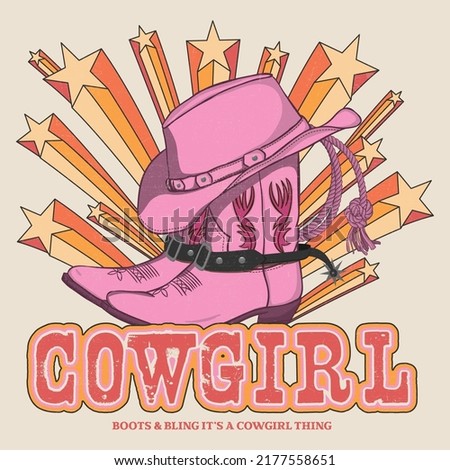 Retro Cowgirl boots and hat. Colorful retro shooting stars. T-shirt or poster design of wild side. illustration of Cowgirl boot with western hat vector design.
