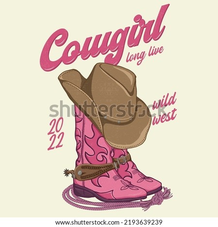 Cowgirl vector Illustration boots and hat. T-shirt  design of wild side. Cowgirl boots with western Hat and rope