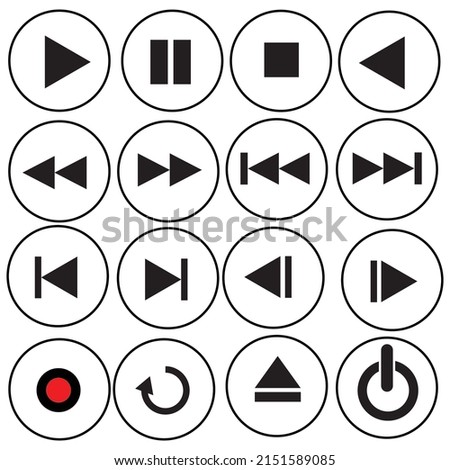 black and white multimedia control button icon set,play,stop,pause,next,previous and other signs in circles,flat design of button and icons,vector illustration.