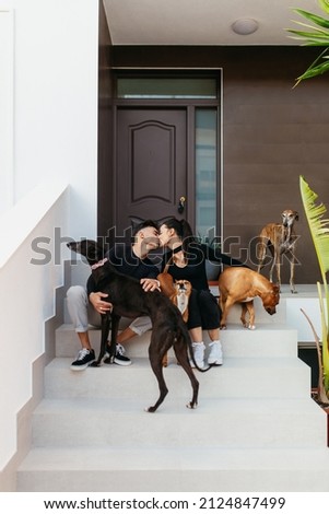Similar – Image, Stock Photo Woman kissing greyhound while relaxing on street