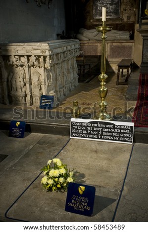 The grave of the poet and dramatist William Shakespeare in the Holy Trinity Church in Stratford upon Avon