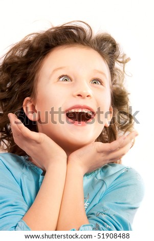 Portrait Of Cute Ecstatic Child On White Background Stock Photo ...