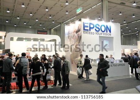 MILAN, ITALY - OCT. 19: People visit Epson technologies stands at SMAU, international fair of business intelligence and information technology October 19, 2011 in Milan, Italy.