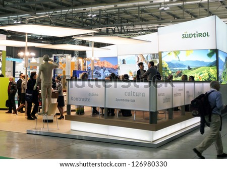 MILAN, ITALY - FEB 16: People visit tourism exhibition area at BIT, International Tourism Exchange Exhibition on February 16, 2012 in Milan, Italy.