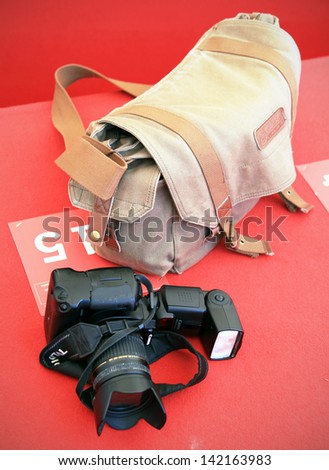 VENICE - SEPTEMBER 8: Photo camera and equipements at photo call area during 69th Venice Film Festival on September 8, 2012 in Venice, Italy.