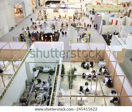 MILANO, ITALY - JANUARY 19, 2015: Panoramic view of HOMI, international fair exhibition of lifestyle and interiors design, last trade show before nex EXPO in Milano, Italy.