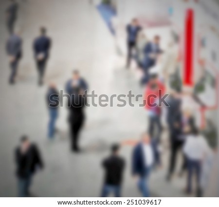 Trade show, panoramic view, people background. Intentionally blurred editing post production.