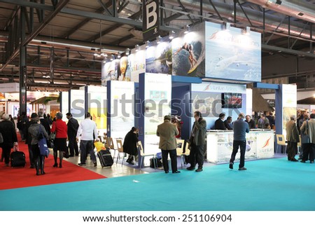 MILANO, ITALY - FEBRUARY 16, 2012: People visit tourism exhibition area during BIT, International Tourism Exchange Exhibition in Milano, Italy.
