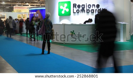 MILANO, ITALY - FEBRUARY 12, 2015: Walking at tourism exhibition stands area at BIT, International Tourism Exchange Exhibition in Milano, Italy.