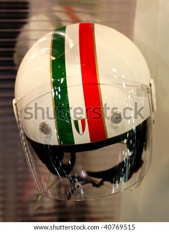MILAN, ITALY - NOV. 11: Close-up of italian flag customized helmet at EICMA, 67th International Motorcycle Exhibition November 11, 2009 in Milan, Italy.