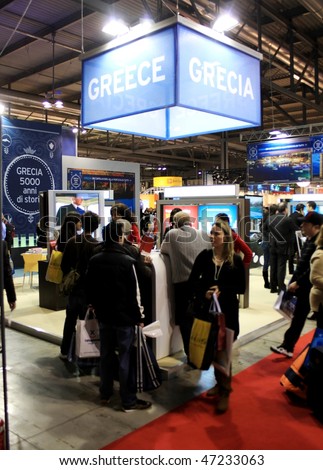 MILAN, ITALY - FEBRUARY 20: Close-up of Greece stand at BIT, International Tourism Exchange Exhibition February 20, 2010 in Milan, Italy.