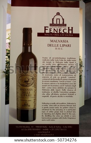 VERONA - APRIL 08: Close-up of Malvasia delle Lipari Fenech wine presentation in the Sicily regional pavilion at Vinitaly, international wine and spirits exhibition April 08, 2010 in Verona, Italy.
