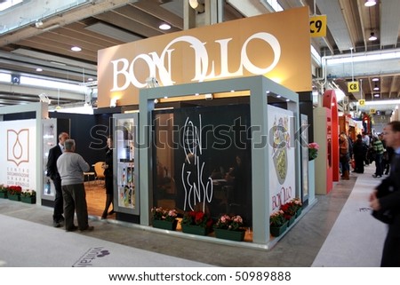 VERONA - APRIL 08: People at Bonollo stand during Vinitaly, international wine and spirits exhibition April 08, 2010 in Verona, Italy.