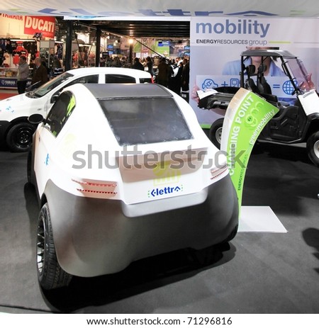 MILAN, ITALY - NOV. 03: Details of green mobility car in exhibition at EICMA, 68th International Motorcycle Exhibition November 03, 2010 in Milan, Italy.