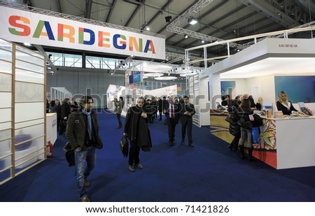 MILAN, ITALY - FEBRUARY 17: People visit tourism Sardegna regional stand at Italy pavilion area during BIT, International Tourism Exchange Exhibition on February 17, 2011 in Milan, Italy.