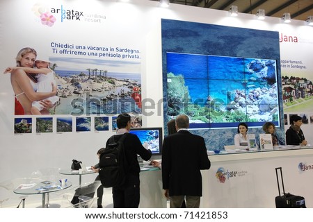 MILAN, ITALY - FEBRUARY 17: People visit Arbatax park stand at Italy pavilion area during BIT, International Tourism Exchange Exhibition on February 17, 2011 in Milan, Italy.