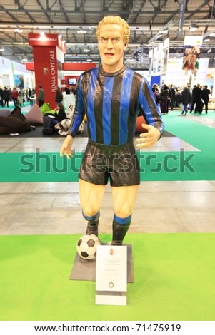 MILAN, ITALY - FEBRUARY 17: Close-up of Rummenigge football player statue at San Siro stand, Italy pavilion at BIT, International Tourism Exchange Exhibition on February 17, 2011 in Milan, Italy.