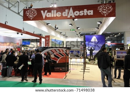 MILAN, ITALY - FEBRUARY 17: People visit Valle d\'Aosta tourism stand, Italy pavilion at BIT, International Tourism Exchange Exhibition on February 17, 2011 in Milan, Italy.