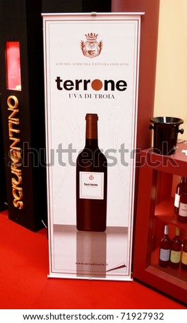 VERONA - APRIL 08: Close-up of Terrone wine at Vinitaly, international wine and spirits exhibition April 08, 2010 in Verona, Italy.