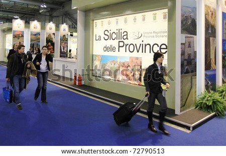 MILAN, ITALY - FEBRUARY 17: People visiting Sicily regional stand at Italian pavilion tourism during BIT International Tourism Exchange Exhibition on February 17, 2011 in Milan, Italy.