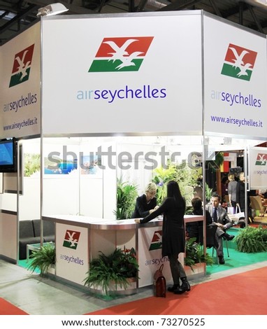 MILAN, ITALY - FEBRUARY 20: People at Air seychelles stand during BIT, International Tourism Exchange Exhibition on February 20, 2010 in Milan, Italy.