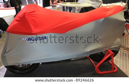 MILAN, ITALY - NOV. 11: Close-up of Agusta motorcycle cover in exhibition at EICMA, 69th International Motorcycle Exhibition November 11, 2011 in Milan, Italy.