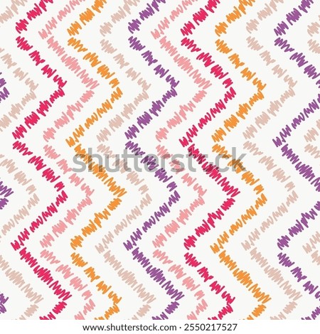 Seamless pattern with colourful hand drawn chevron. Zigzag chevron vertical stripes print on white background.