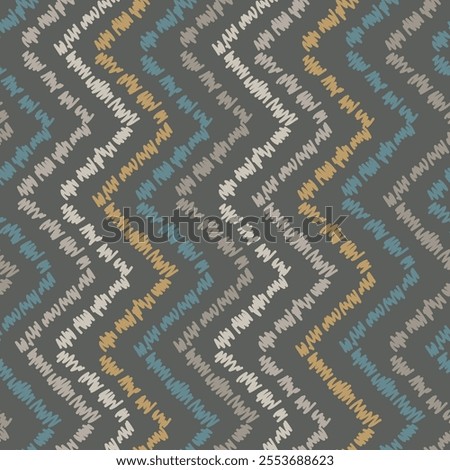 Seamless pattern with colourful hand drawn chevron. Zigzag chevron vertical stripes print on dark grey background.