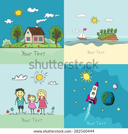 set of children\'s drawings. happy family, cozy house, ocean landscape, space fantasy. vector illustrations