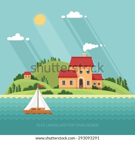 summer landscape. Little village street with small houses and trees on the lake. Flat style vector illustration.