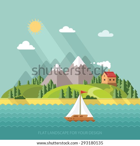 summer landscape. Little village street with small houses and trees on the lake mountains in the background. Flat style vector illustration.