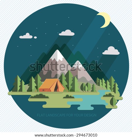 summer landscape. night landscape in the mountains. Solitude in nature by the river. Weekend in the tent. Hiking and camping. Vector flat illustration