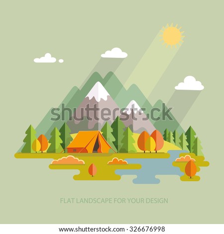Autumn landscape. Morning landscape in the mountains. Solitude in nature by the river. Weekend in the tent. Hiking and camping. Vector flat illustration