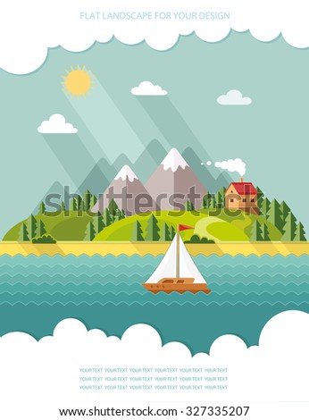summer landscape. Little village street with small houses and trees on the lake. Flat style vector illustration.
